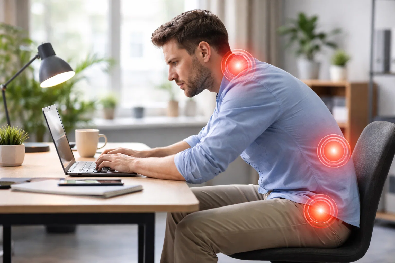 Modern office workspace showing person sitting at desk with poor posture, highlighting the sedentary lifestyle affecting joint health, soft natural lighting, professional photography