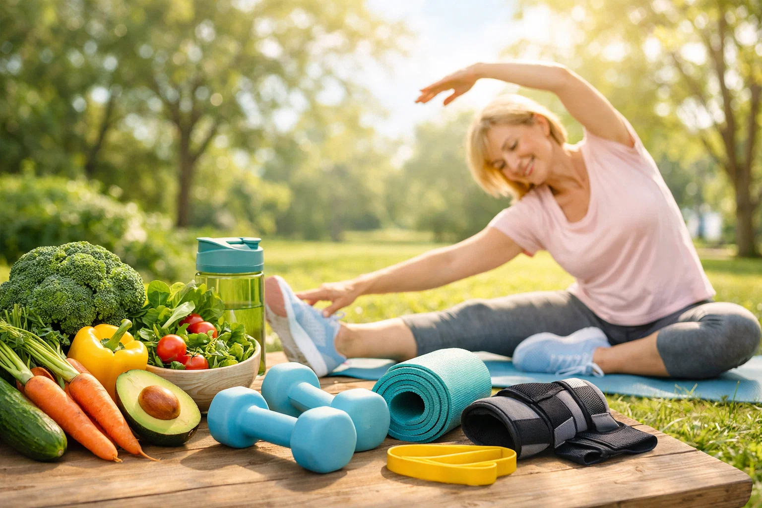 Healthy lifestyle composition with fresh vegetables, exercise equipment, and a person doing gentle stretching exercises, emphasizing joint-friendly activities, bright and inspiring atmosphere